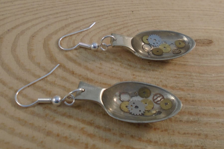 Upcycled Silver Plated Cog Sugar Tong Spoon Earrings SPE042017