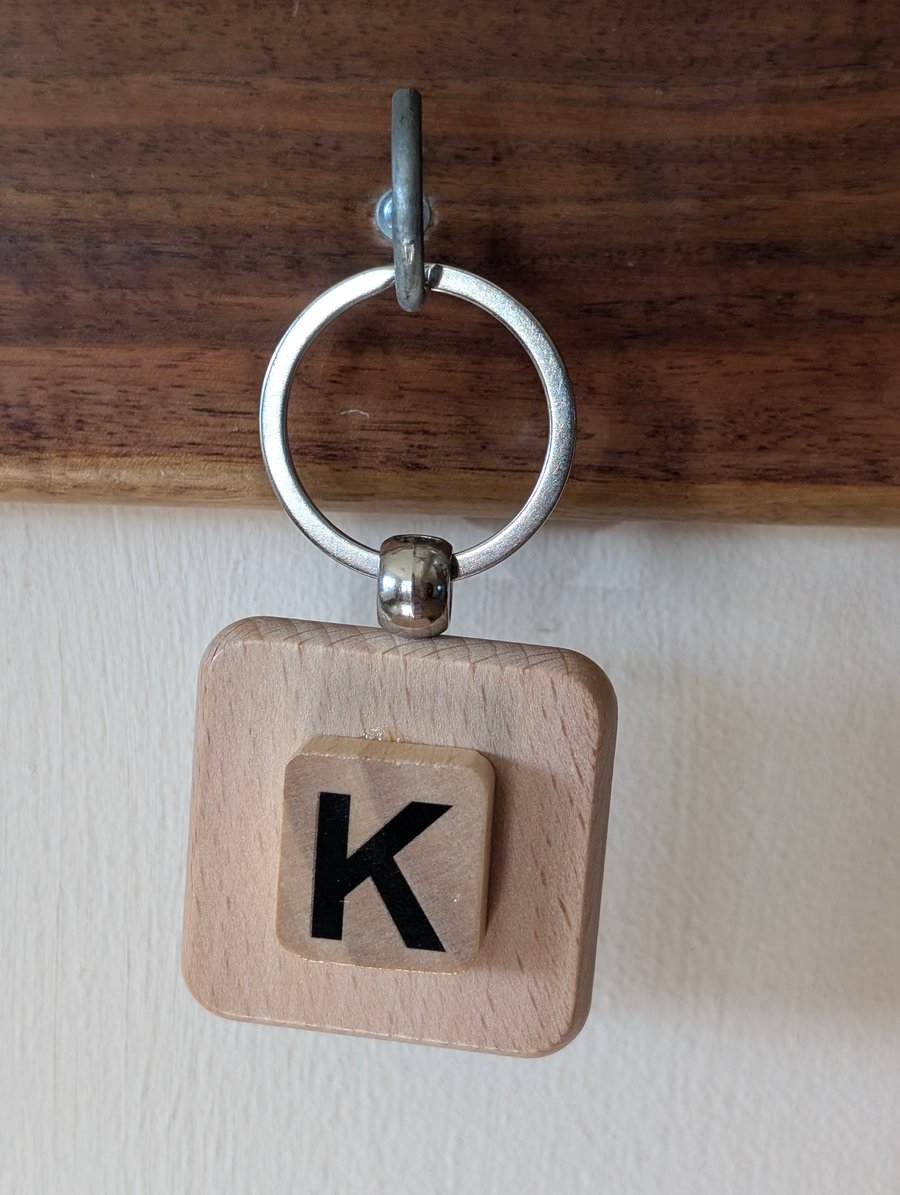 Alphabet letter tile wooden keyring - bagcharm - K
