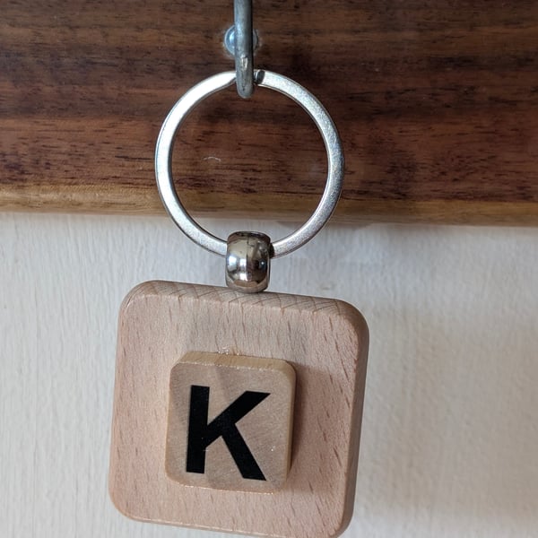 Alphabet letter tile wooden keyring - bagcharm - K
