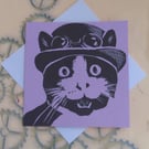 Steampunk Cat Art Greeting Card From Original Lino Cut Print lilac