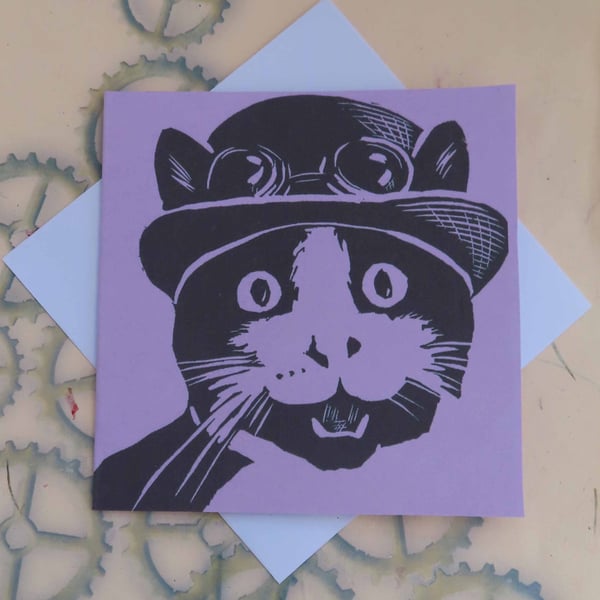 Steampunk Cat Art Greeting Card From Original Lino Cut Print lilac