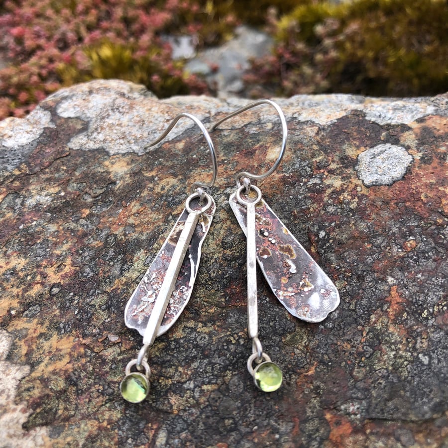 Textured Oxidised Oval Silver Earrings  with Peridot Drop