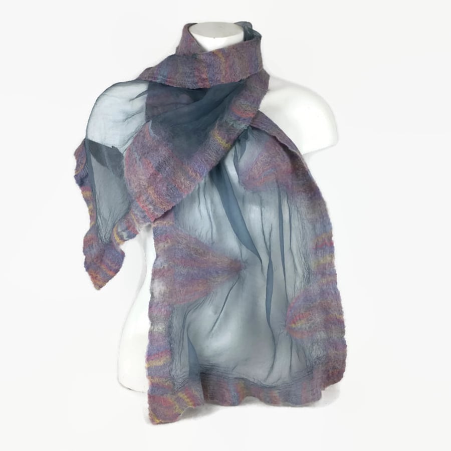 Grey silk chiffon fashion scarf nuno felted with a pastel blend of merino wool