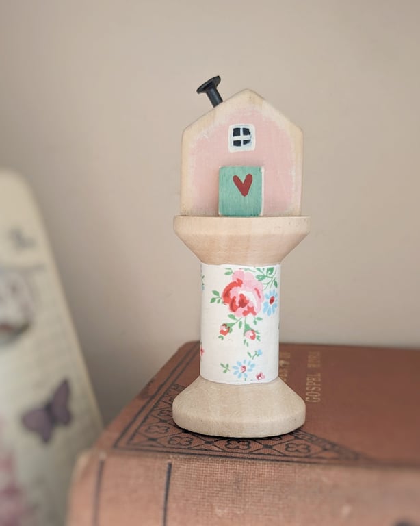 Little Wooden House on a Floral Wooden Bobbin 