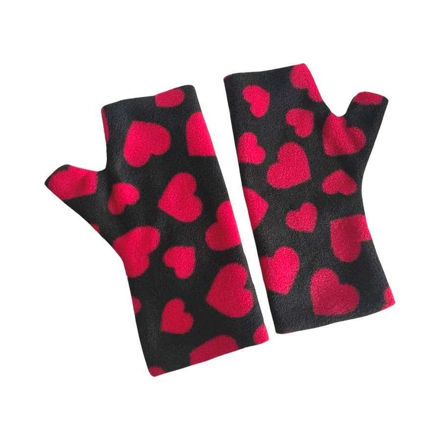 Heart fingerless driving gloves Soft cosy winter fleece wrist warmer mittens 