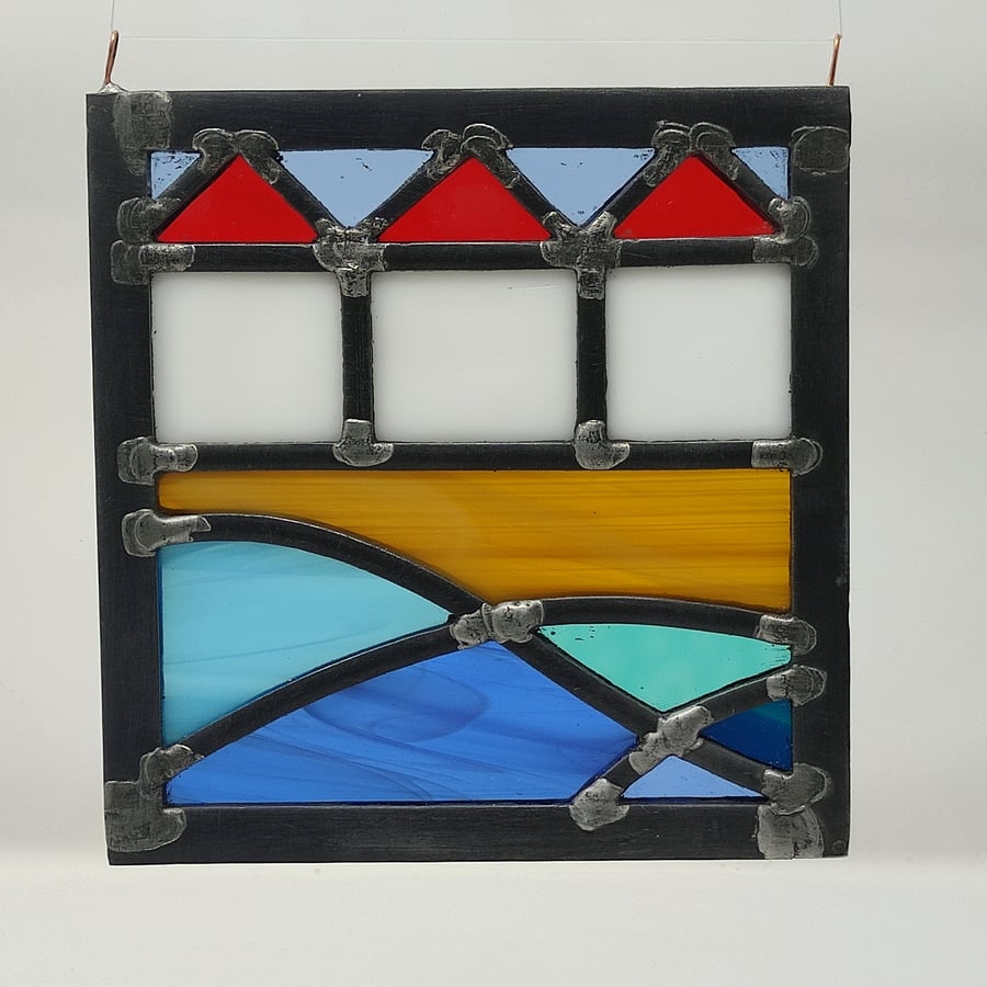 SOLD Stained glass beach huts seaside leaded panel.