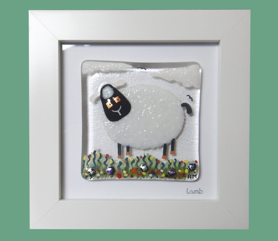 Handmade Fused Glass 'White Sheep' Picture