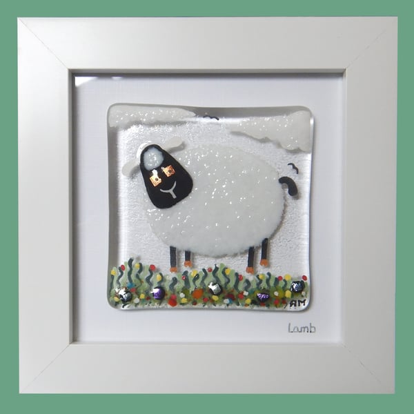 Handmade Fused Glass 'White Sheep' Picture