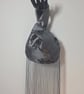 Silvery Grey satin Japanese knot bag with a floral 3D pattern and long tassels - Image 4