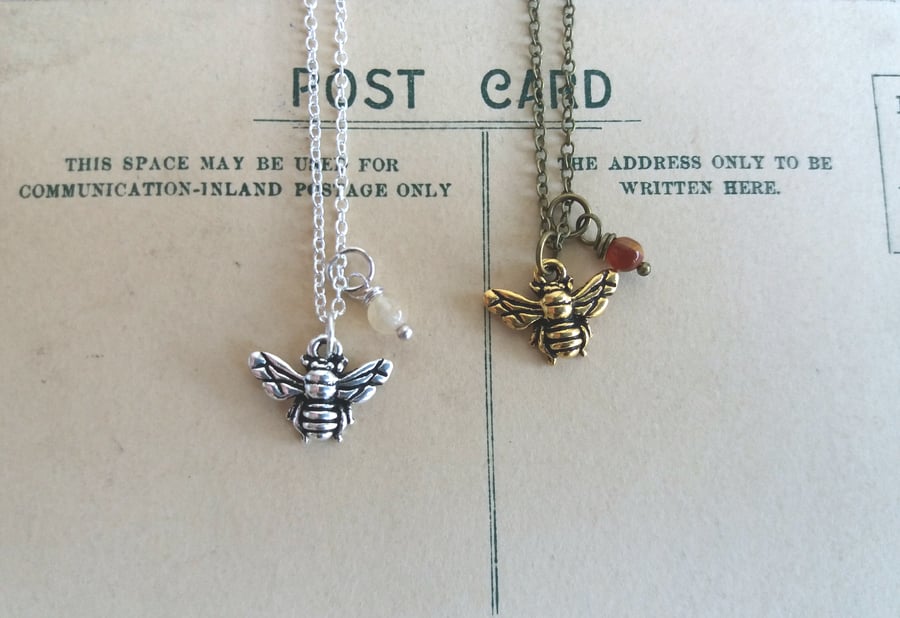 Petite Silver Bee charm necklace with lemon jade - gift for gardener