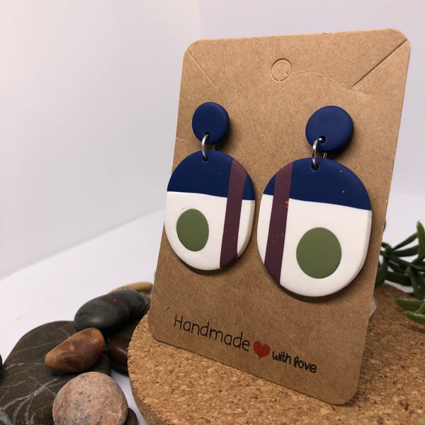 Blue and green minimalist dangles, Handmade Polymer Clay geometric earrings