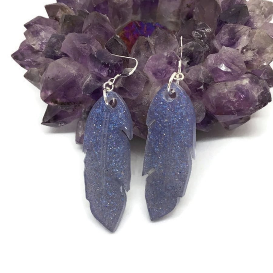 Lavender blue shimmer feather earrings on sterling silver ear wires.