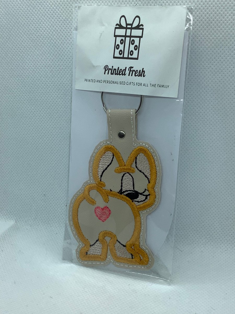 Embroidered Faux Leather  French bulldog  key ring