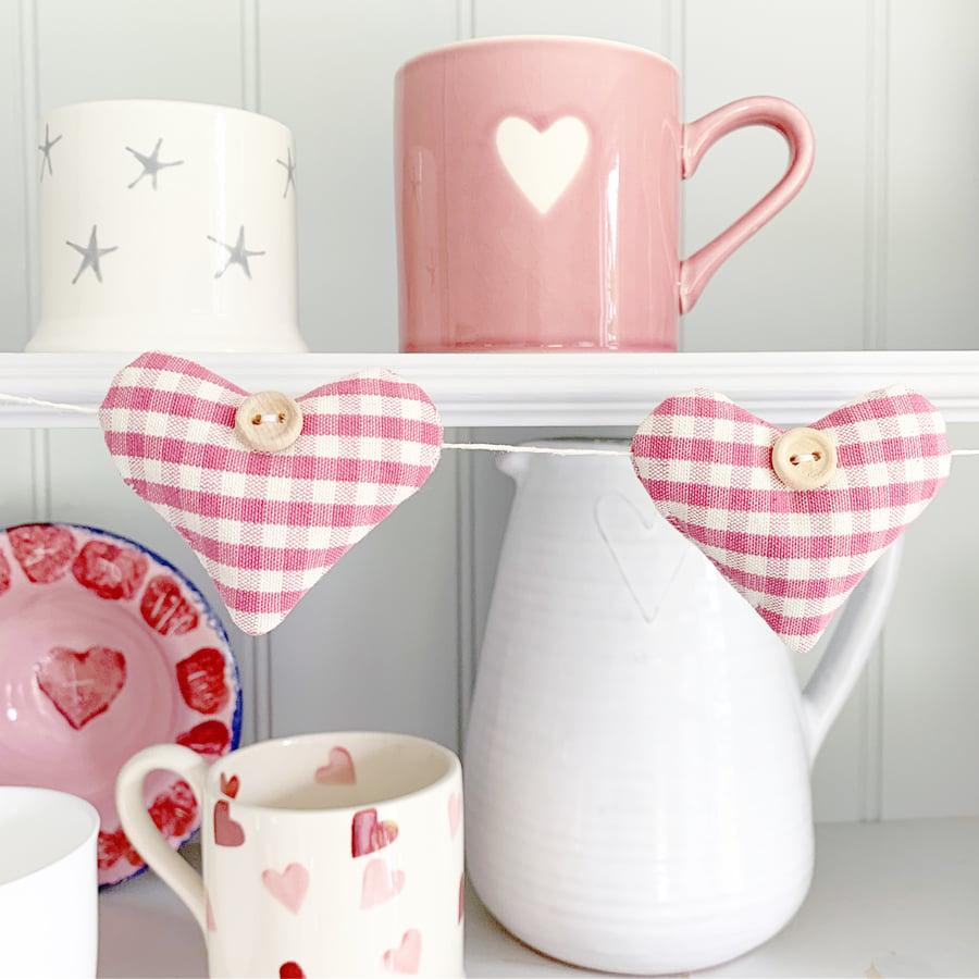 HEARTS BUNTING - pink and white gingham with lavender