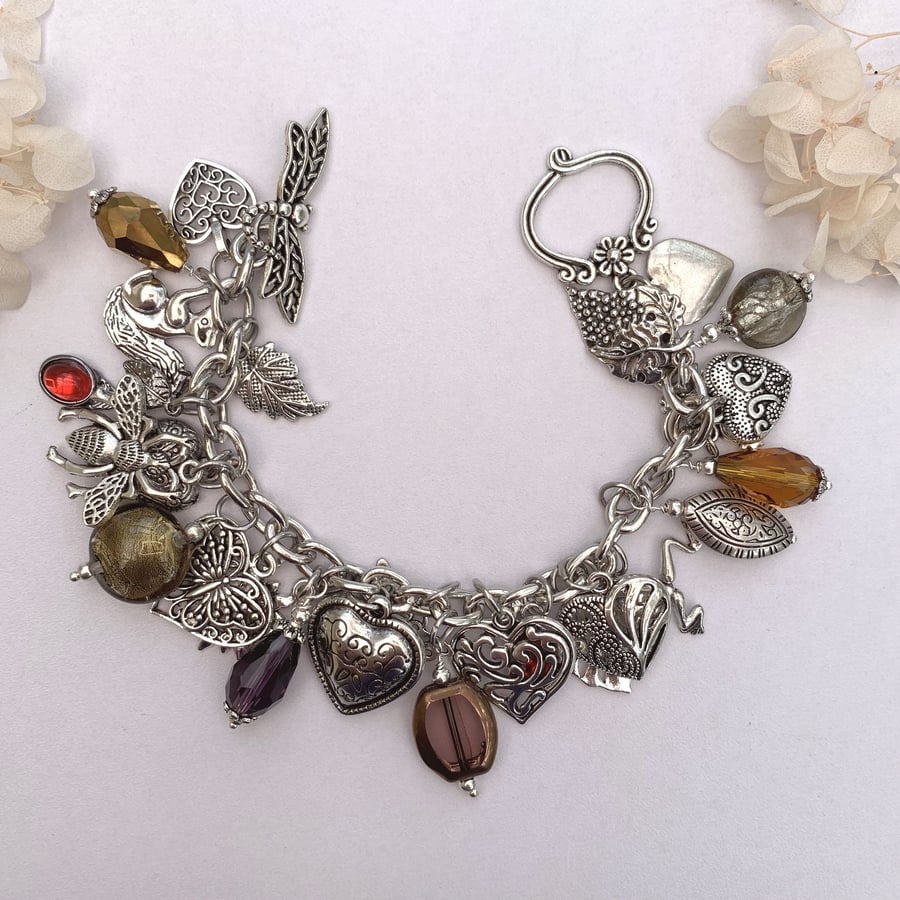 Silver Heart and Gemstone Charm Bracelet