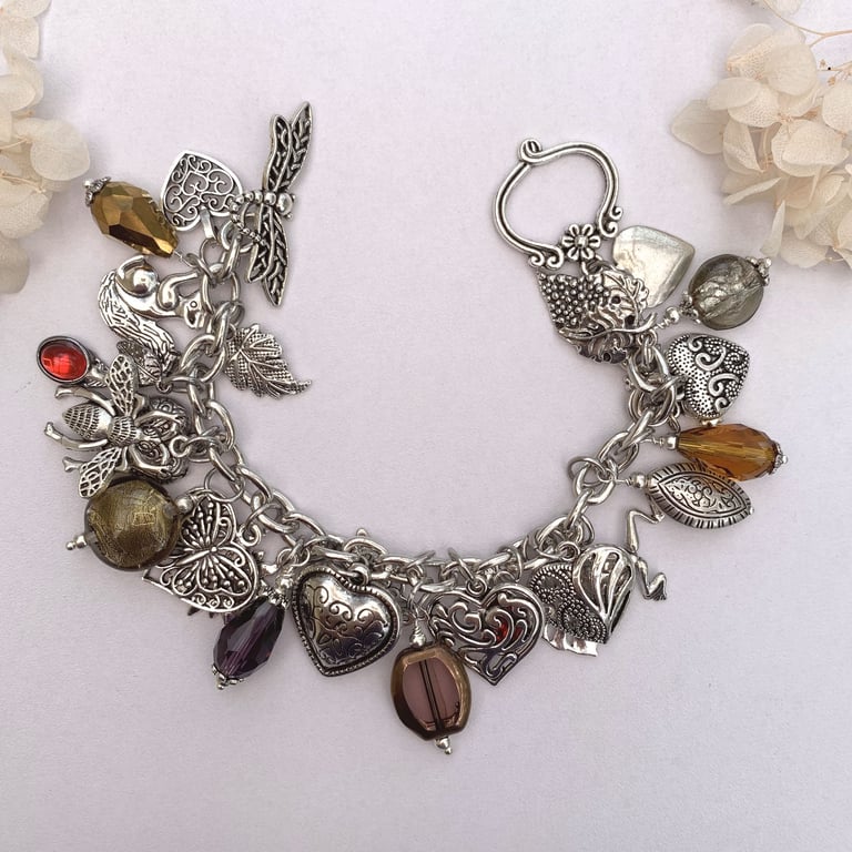 Silver Heart and Gemstone Charm Bracelet
