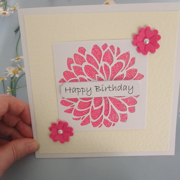 Happy Birthday Card Iridescent Die Cut Bright Pink Dahlia Flower - Blank Inside 