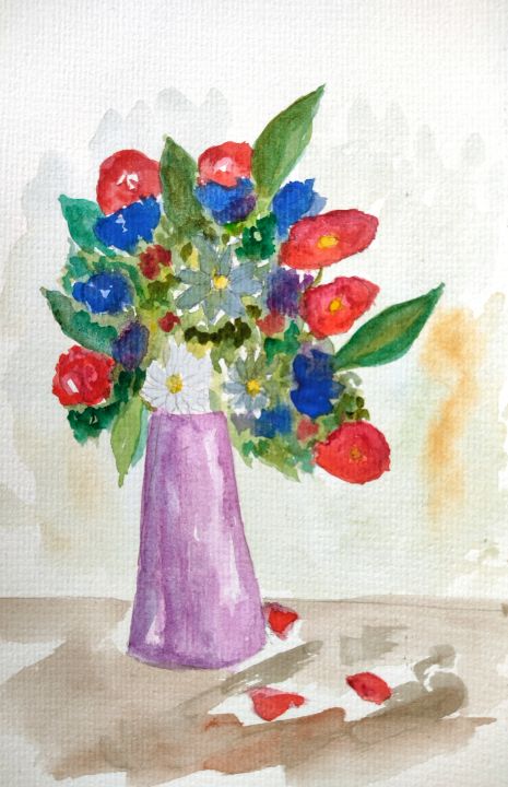 Flowers original painting watercolour  vase pastel floral art 13.9x21.6cm