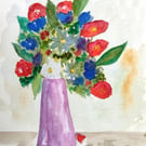 Flowers original painting watercolour  vase pastel floral art 13.9x21.6cm