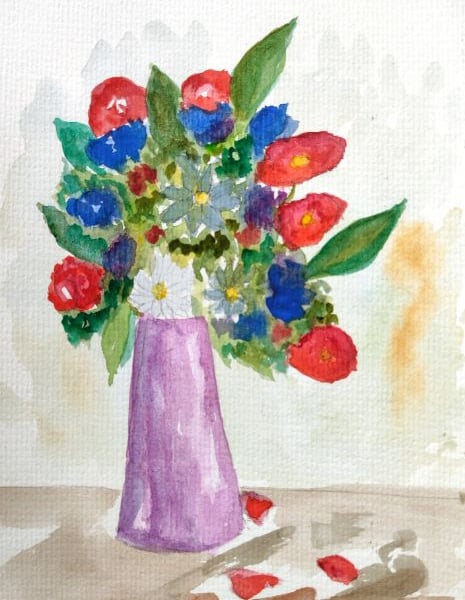 Flowers original painting watercolour  vase pastel floral art 13.9x21.6cm
