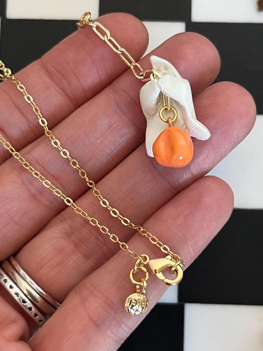 Ghost & Pumpkin clay Necklace Gold Plated Chain, handmade clay jewellery