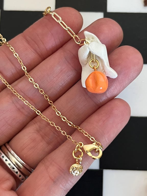 Ghost & Pumpkin clay Necklace Gold Plated Chain, handmade clay jewellery