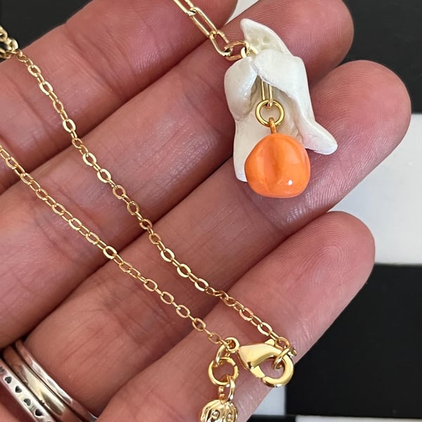 Ghost & Pumpkin clay Necklace Gold Plated Chain, handmade clay jewellery
