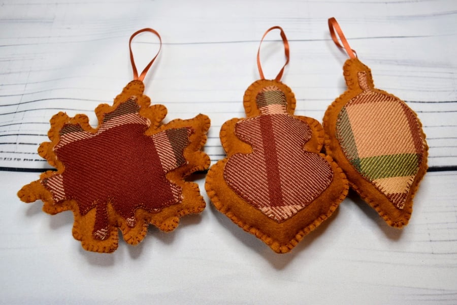 Hand-stitched Autumn Leaf Hanging Decorations - set of 3