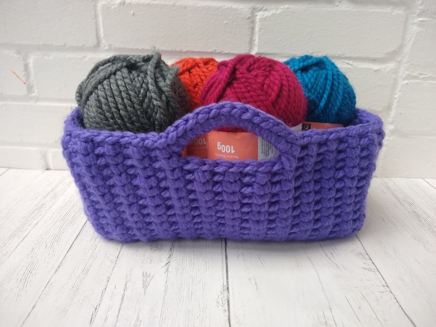 Purple crocheted basket, chunky storage basket