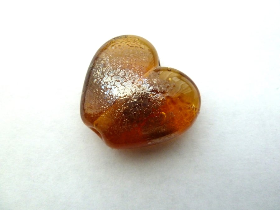 amber and silver heart handmade lampwork bead