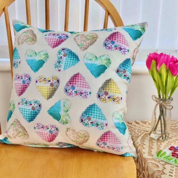 Patchwork Hearts - Double Sided Decorative Feature Cushion, Throw Pillow