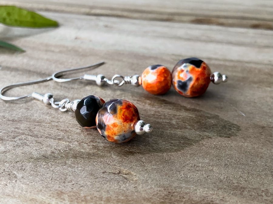 Orange & Black Dragon's Vein Fire Agate Drop Earrings. Dangly Boho Beaded 