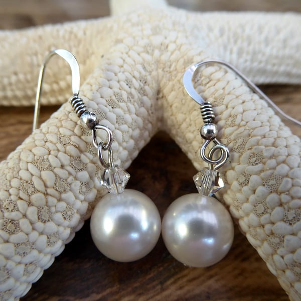 J1007 - Sterling Silver Swarovski Pearls and Crystal Bicone Earrings