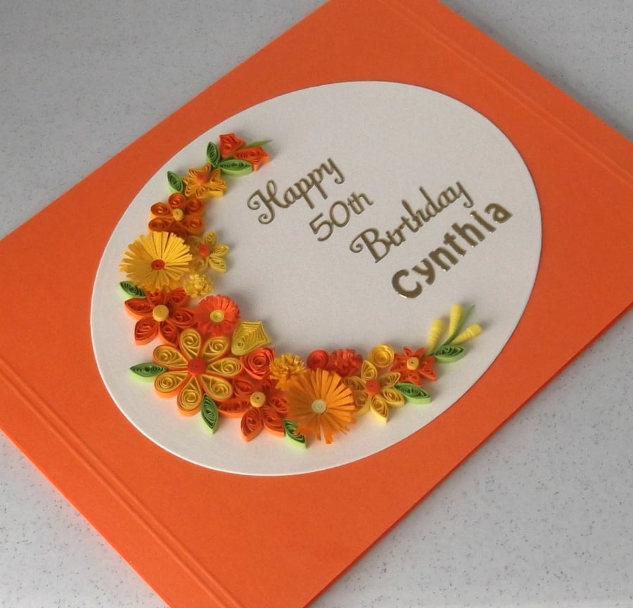 50th birthday card, personalised, name, quilled, handmade