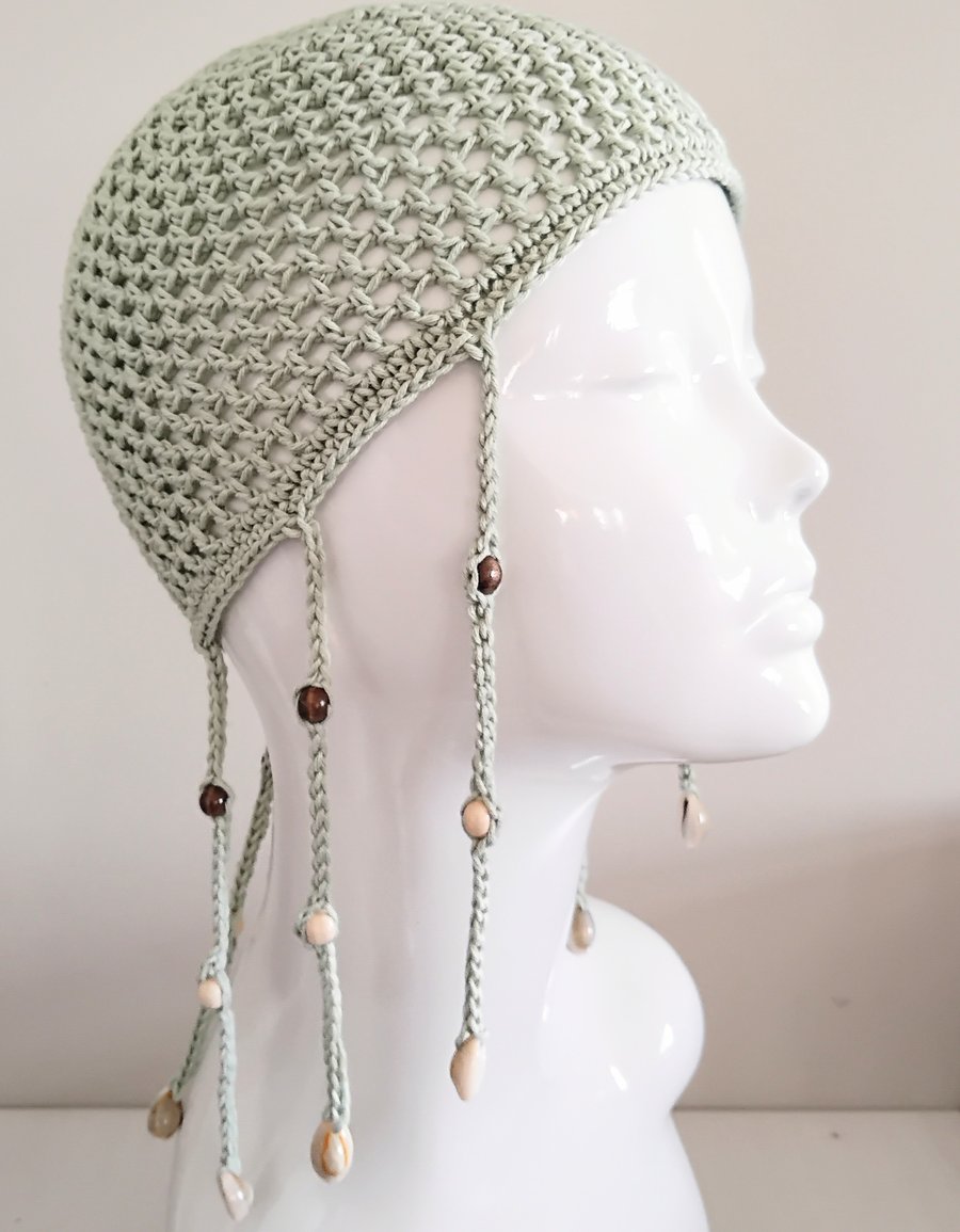Braided Pistachio Green Mesh Crochet Skull Cap with Beads and Shells