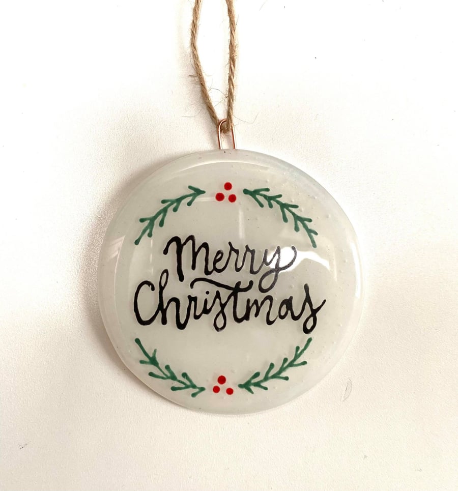 Fused Glass Merry Christmas Hanging Bauble Decoration