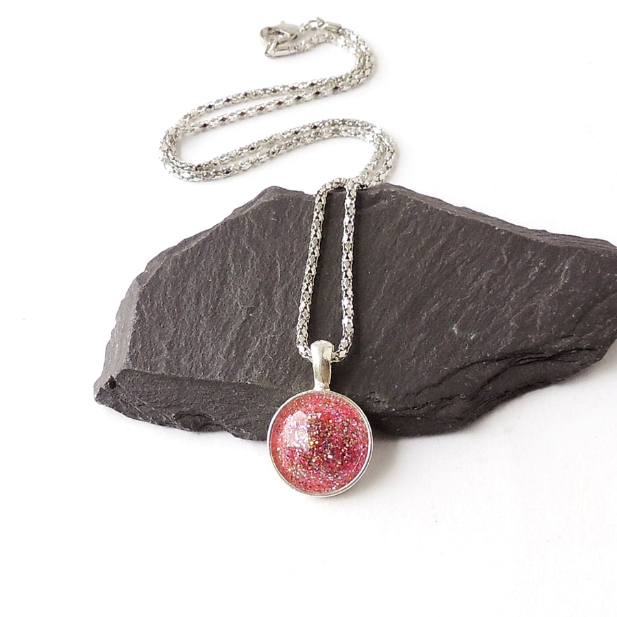 Little Pink Glitter Necklace, 16" Chain  F013
