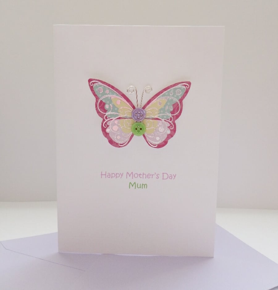 Mother's Day Mum card - Pink & lilac  button butterfly