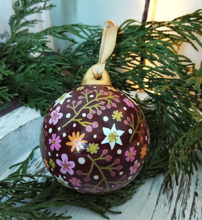 Hand Painted Burgundy Christmas Flower Bauble 