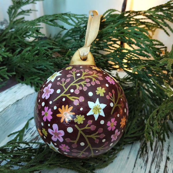 Hand Painted Burgundy Christmas Flower Bauble 