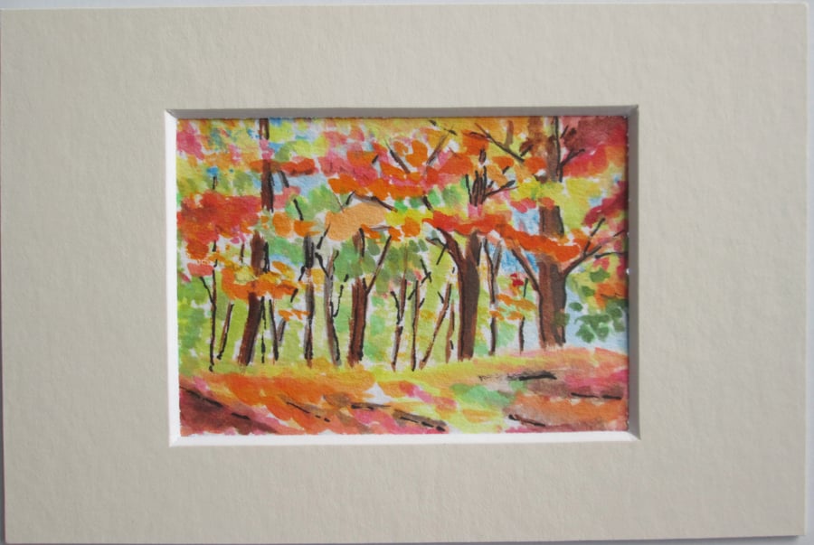 Courful Autumn Forest. Fall Color Trees. Miniature. ACEO. Original painting
