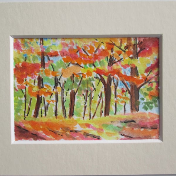 Courful Autumn Forest. Fall Color Trees. Miniature. ACEO. Original painting