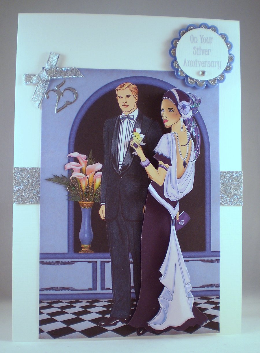 Handmade Silver Wedding Anniversary Personalised 3D Card,Elegant couple,Art Deco
