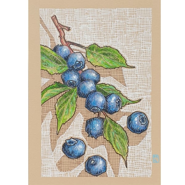 Blueberries kitchen art, fruit wall art, small original drawing