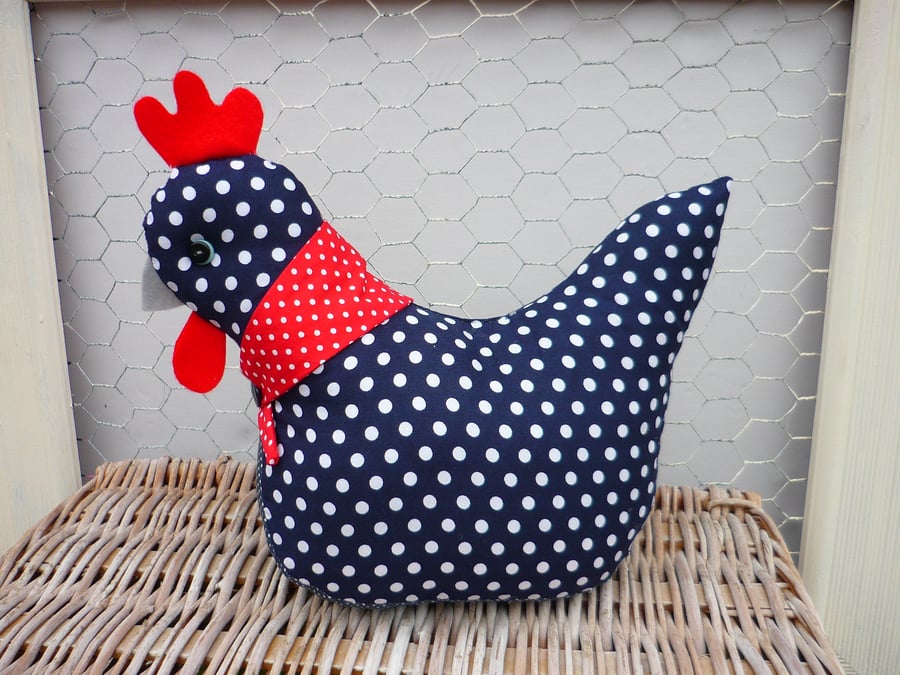 Chicken Hen DOORSTOP Handmade NAVY BLUE & WHITE SPOTTY With Red Neck Scarf