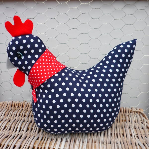 Chicken Hen DOORSTOP Handmade NAVY BLUE & WHITE SPOTTY With Red Neck Scarf