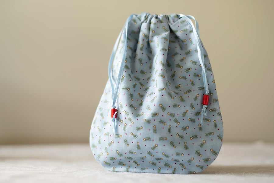 Reusable  Lined Blue Drawstring  Christmas Tree Fabric Gift Bag 