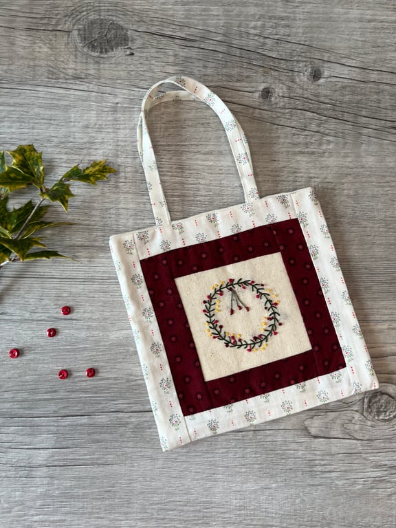 Hand Embroidered Liberty Christmas Wreath Bag