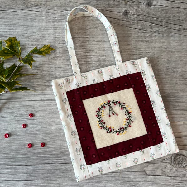 Hand Embroidered Liberty Christmas Wreath Bag