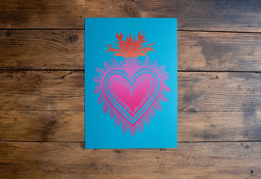 Sacred Heart Pink and Orange A4 Lino print